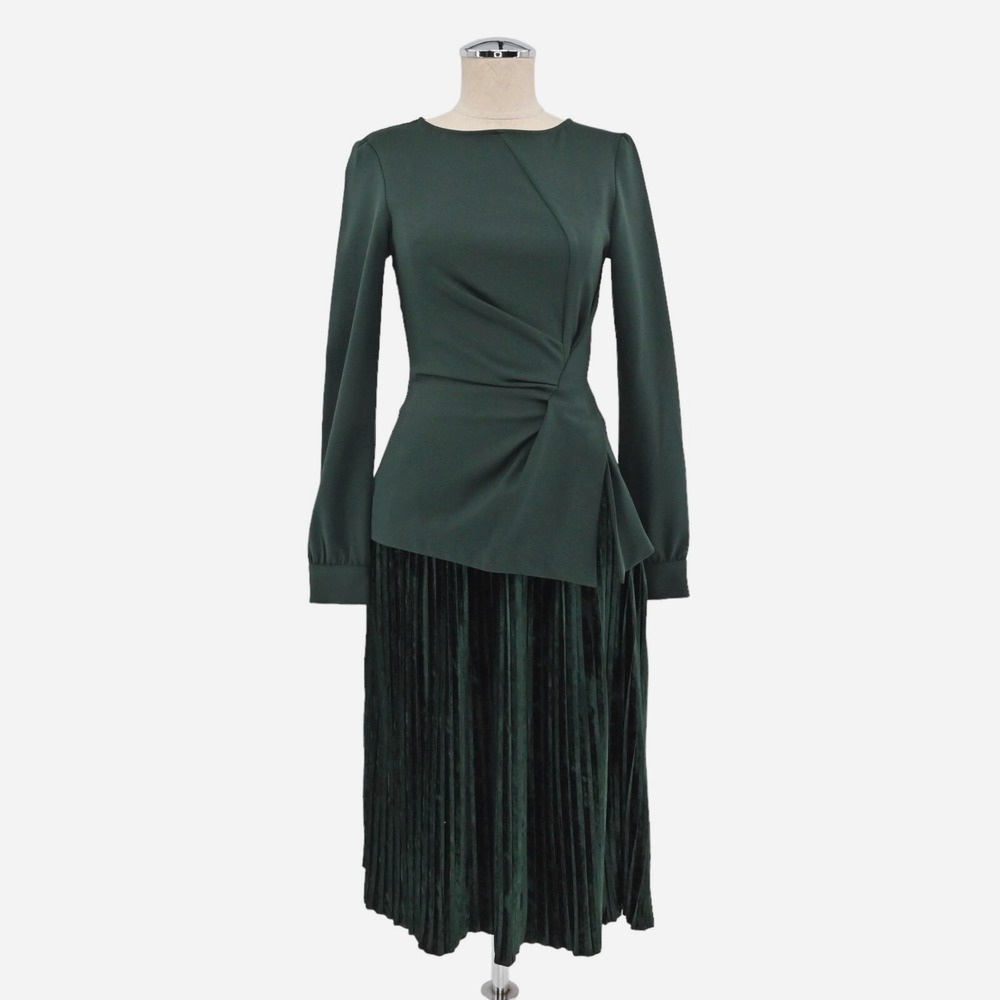 ZARA Womens Skirt Set Size XS Pleated Velour Emerald Green Blouse Retro Career